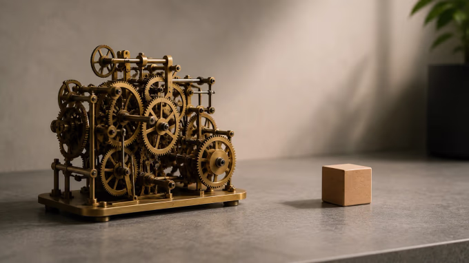 Intricate brass gears beside a plain wooden cube, representing complexity versus simplicity