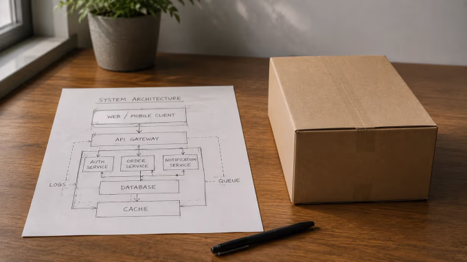 Hand-drawn system architecture diagram beside a sealed cardboard box, representing custom build versus ready-made