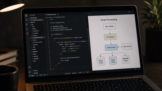 Code editor with backend service code beside a printed system architecture diagram