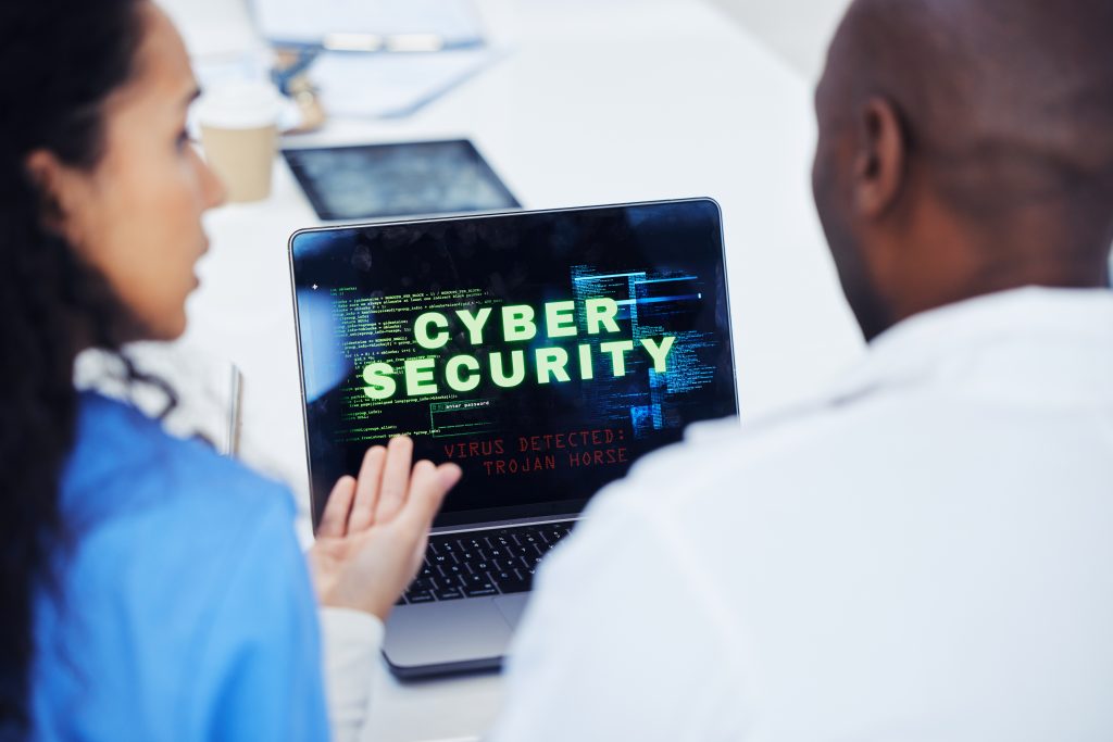 cyber-security-laptop-and-hospital-nurse-doctors